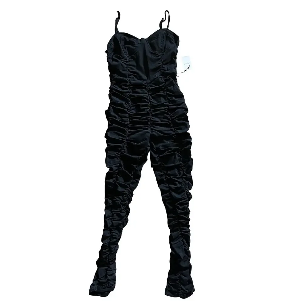 Forever 21 Ruched Jumpsuit Small Black Bustier Sweetheart Ankle Woven Cotton New - Picture 4 of 10
